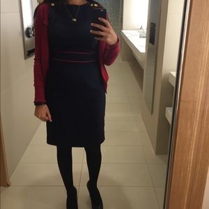 Navy blue pencil dress with red accent lines